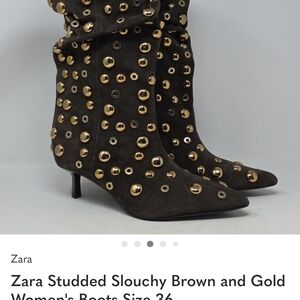 Zara Studded Slouchy Brown Suede Boots with Gold Studs